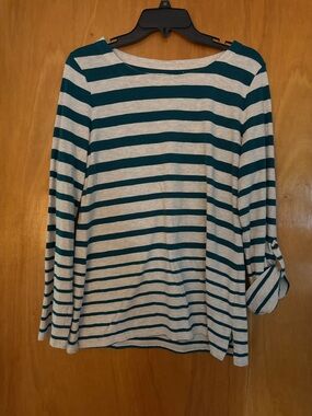 Coldwater Creek Teal & Light Beige Striped Roll-Tab Long Sleeve Top